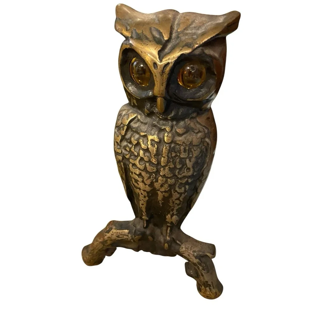 Antique Vintage Brass Owl Andirons Fireplace Amber Glass Eyes‎ 13